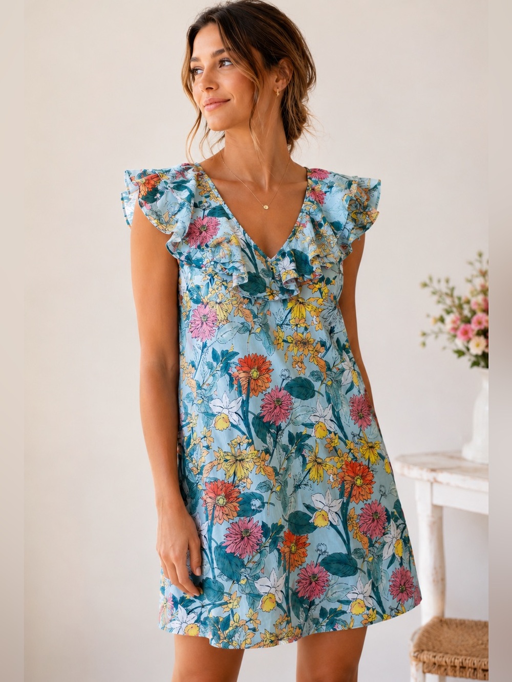Molly Bracken Floral Ruffle Mini Dress Blue Botanical Flutter Sleeve Size L